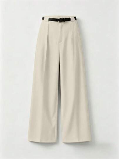 Mid Waist Solid Color Elegant Office Straight Pants With Belt Spring, Smart Casual
